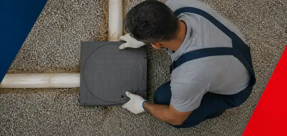 Homem de macacão azul e luvas brancas manuseando uma tampa de esgoto sobre tubulação e cascalho
