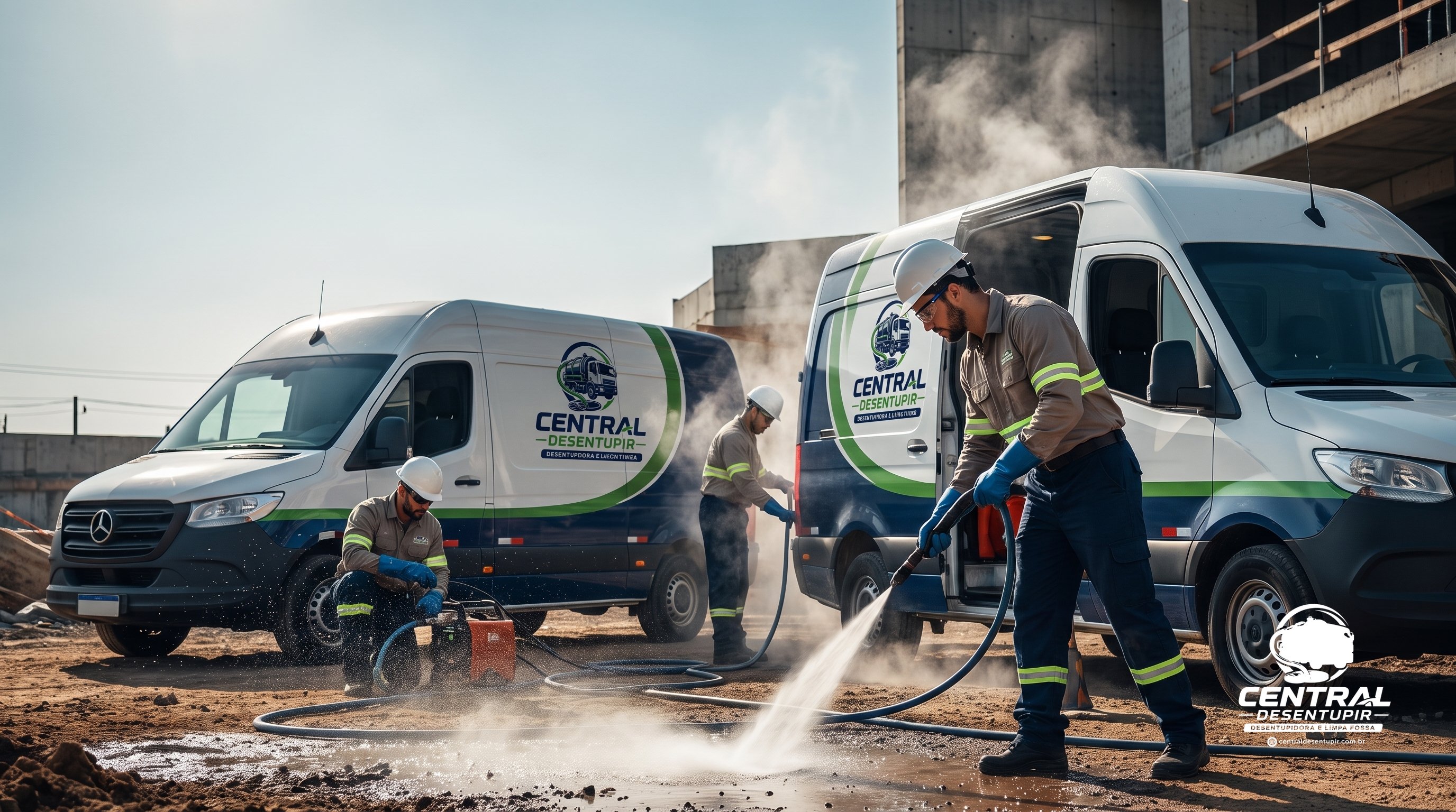 Fotografia profissional ilustrando equipe técnica pronta para atendimento rápido de desentupidora em veículos utilitários com foco em desentupidora no nicho de servicos locais engenharia.