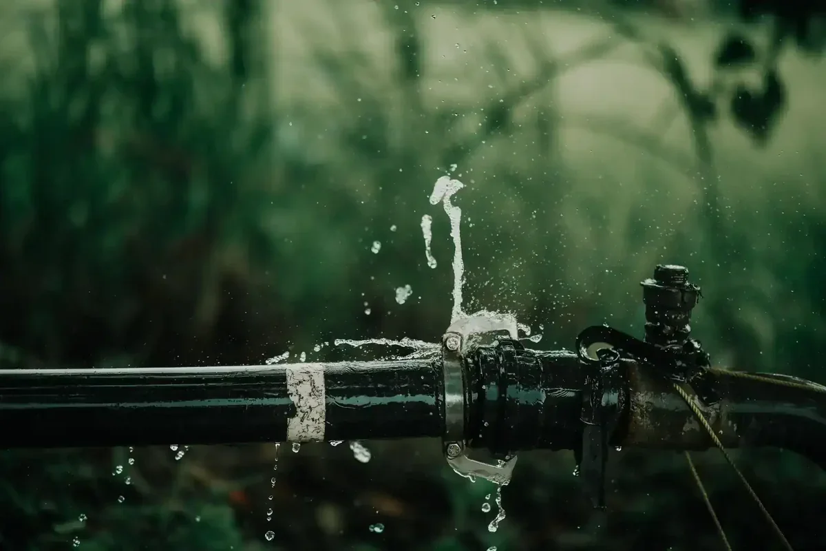 Vazamento de água em cano preto com braçadeira metálica, gotas de água e fundo verde desfocado